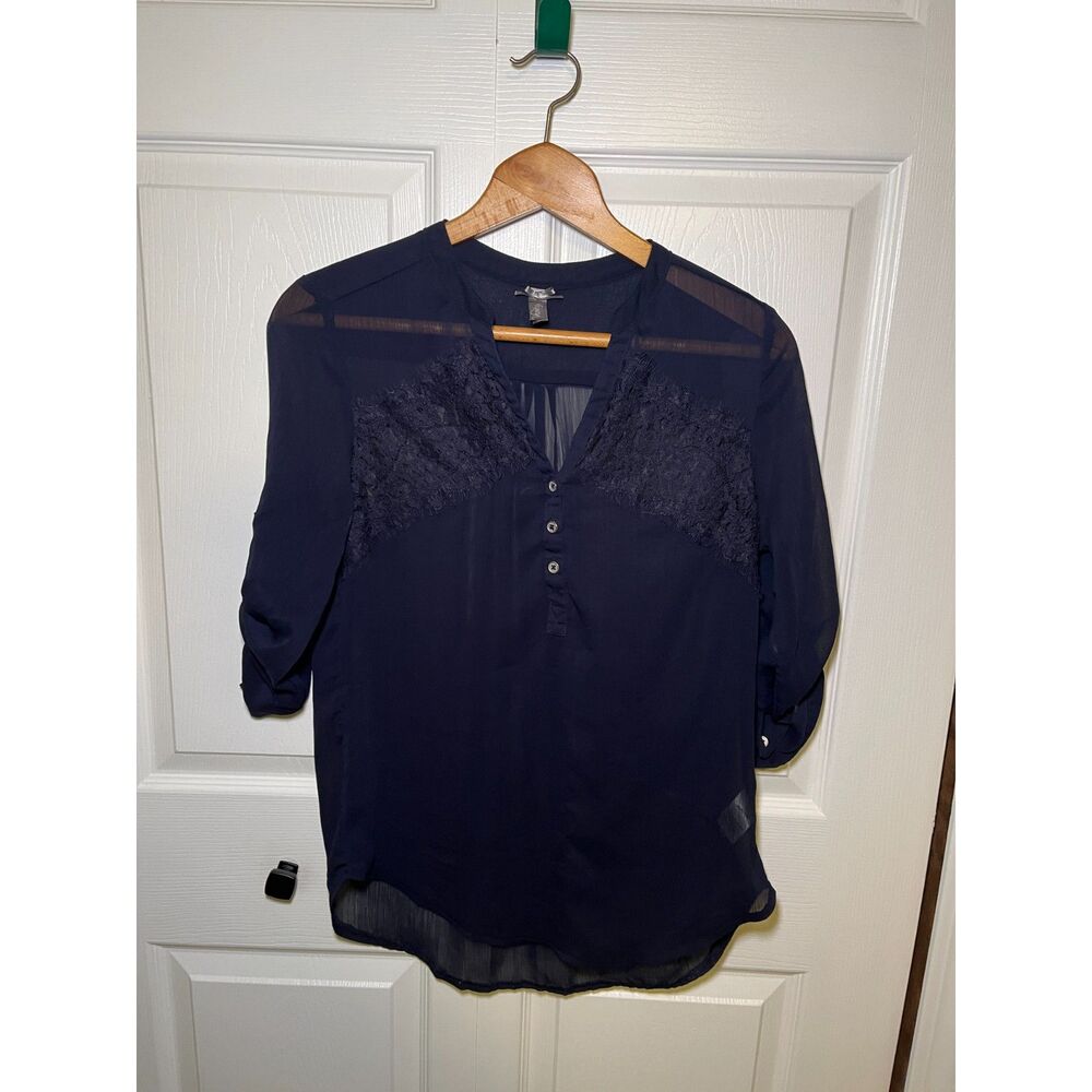 Vanity Navy Lace Chiffon Blouse Women’s Medium Roll Tab Sleeve Top